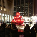 The giant red ornaments, in the fountain plaza at 1251 Avenue of the Americas (Sixth Avenue),